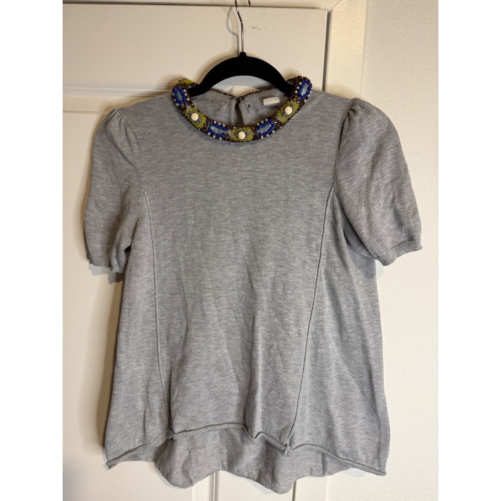 Heather Gray Embellished Beaded Neckline Puff Sleeve Knit Top XS